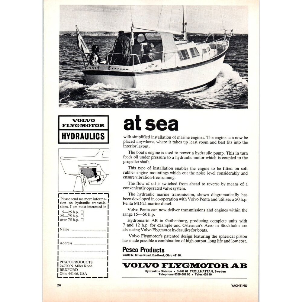 1971 Volvo Flygmotor Hydraulics Vintage Print Ad Sailing Yacht Nautical Wall Art